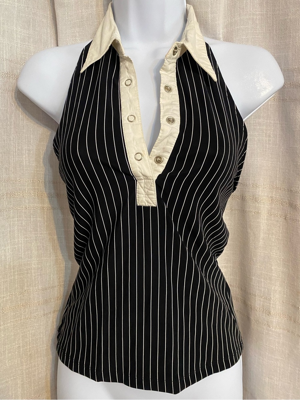 Vintage Lipstick Y2K Pinstripe Collared Halter Top Black White M